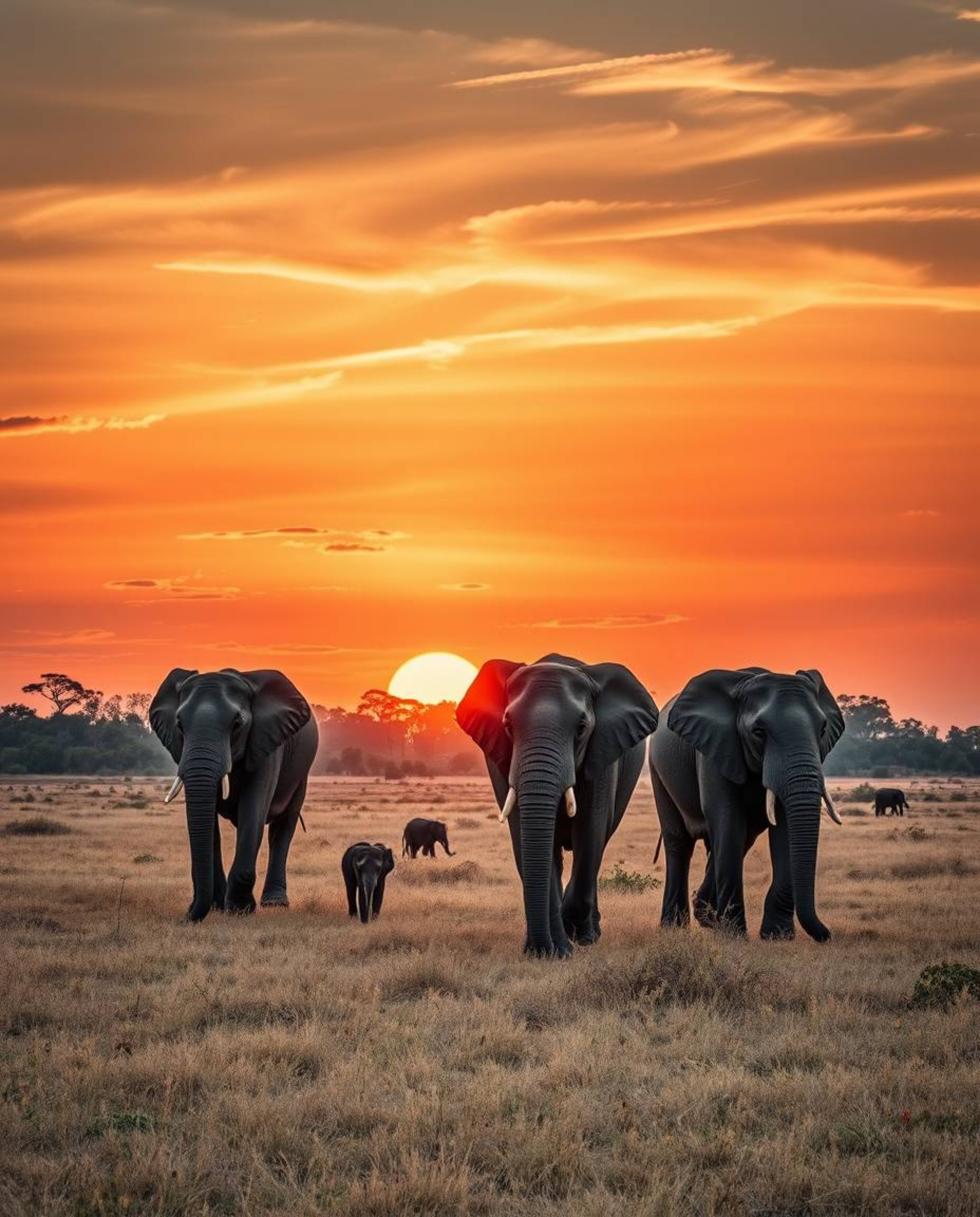 This is a precise architectural color photograph that captures elephants walking across a field at sunset. The image is disti