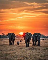 This is a precise architectural color photograph that captures elephants walking across a field at sunset. The image is disti
