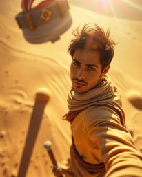 High-angle photography captures a Disney-style hero embarking on a desert adventure, bathed in bright lens flares. This profe