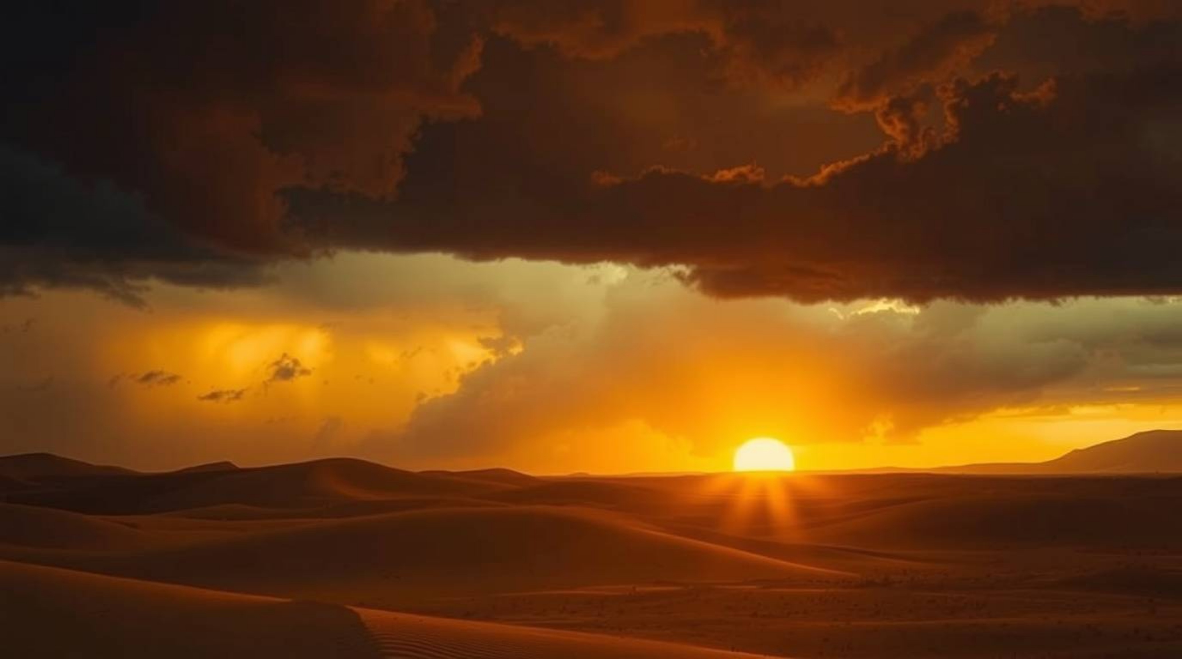 A dramatic depiction of a stormy sunset casting intense light over golden desert dunes.  This cinematic landscape evokes high