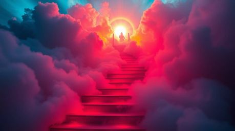 A surreal, bioluminescent stairway ascends through smoky clouds towards a radiant light, symbolizing spiritual awakening and 