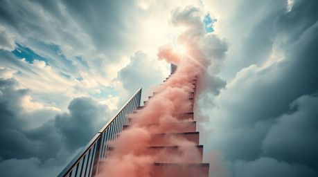 A captivating architectural color photograph showcasing a winding stairway crafted from smoke and light, ascending into a vas