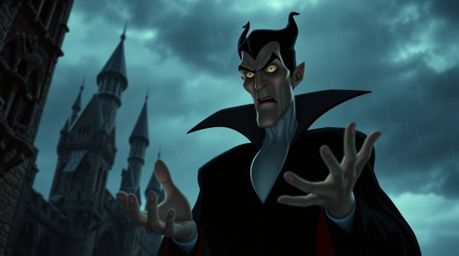 A classic Disney villain with sharp features and pale skin is casting a powerful spell within the confines of a crumbling got