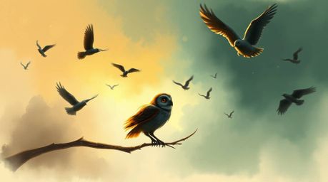 A dynamic digital sketch depicts a blind owl, rendered in a Pixar style with loose painterly strokes, teaching birds to fly i