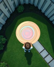Witness a captivating overhead view of a child's wonder as they stumble upon a swirling, iridescent portal in their own backy