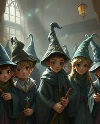 Discover a whimsical magical school brimming with adorable young wizards, depicted in a stunning classic oil painting style.