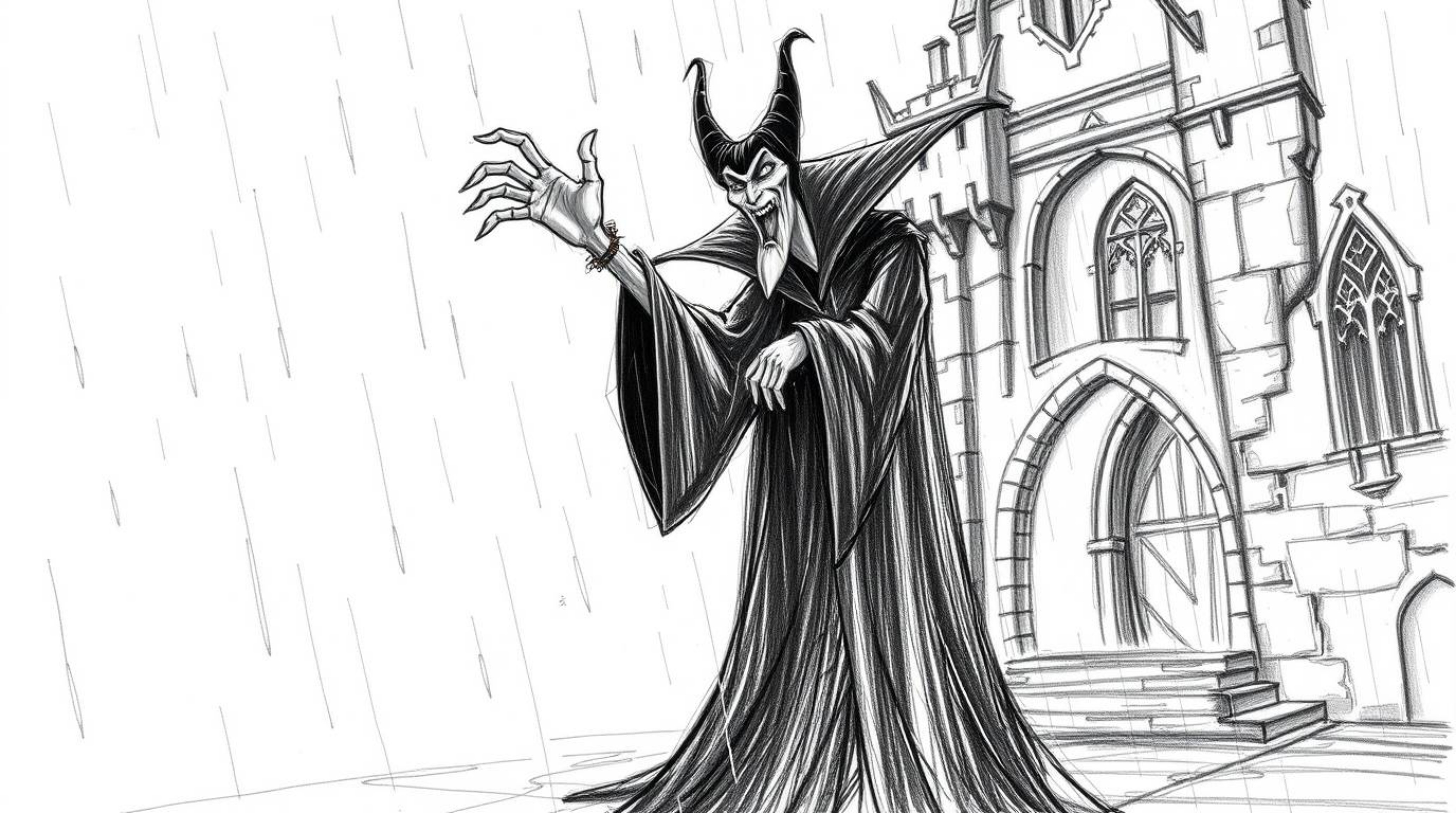 A captivating hand-drawn sketch depicts a classic Disney villain, cloaked in dark attire, casting a spell within the eerie am