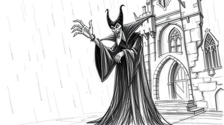 A captivating hand-drawn sketch depicts a classic Disney villain, cloaked in dark attire, casting a spell within the eerie am