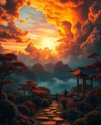 Experience a surreal and dreamlike depiction of a serene Zen garden at sunset, rendered in a hyperrealistic style. This capti