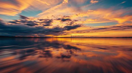 High-resolution stock photo captures a serene lake mirroring the vibrant hues of a vivid sunset sky, enhanced by dynamic moti
