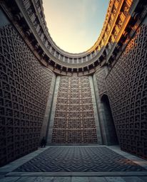 Witness the grandeur of Islamic geometric patterns meticulously carved in stone, bathed in the warm glow of the golden hour. 