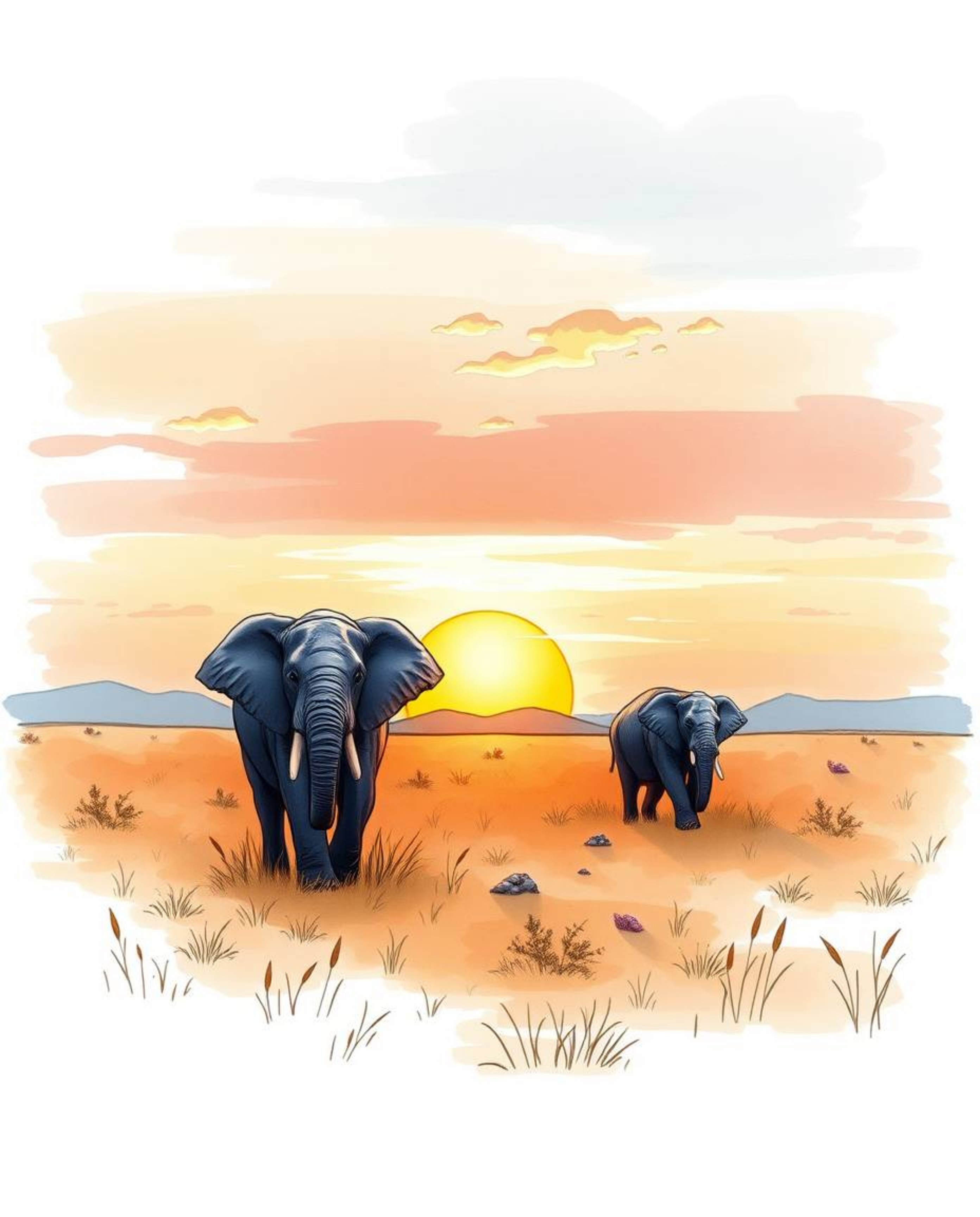 This is a hand-drawn sketch in a color sketchnote style, capturing elephants walking across a field at sunset. The illustrati