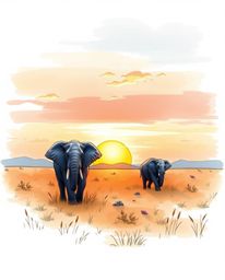 This is a hand-drawn sketch in a color sketchnote style, capturing elephants walking across a field at sunset. The illustrati