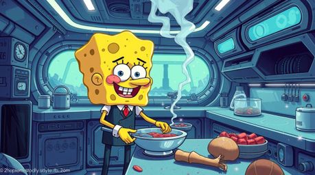Dive into a futuristic sci-fi world with this illustration featuring an elegant sponge character, refined and sophisticated, 