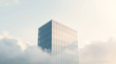 Explore the captivating concept of a modern glass building seemingly dissolving into the sky, where soft clouds gently blend 
