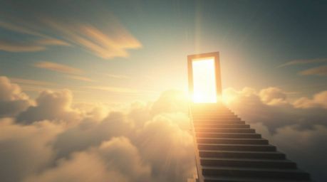 Experience a dynamic, cinematic depiction of a Heavenly gate suspended above the clouds, complete with stairs ascending towar