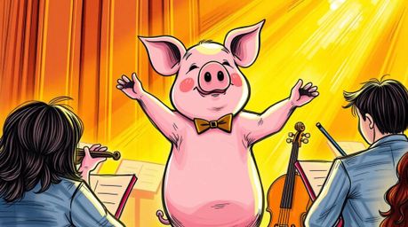 A charming hand-drawn illustration depicts a pig character conducting an orchestra in a warm, golden glow.  The sketchnote st