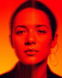 Explore a captivating visual experience where a warm color palette of reds, oranges, and yellows is disrupted by a digital gl