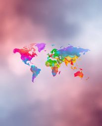 This captivating image presents a dreamy atmospheric world map created from bright and colorful splashes. The soft cinematic 