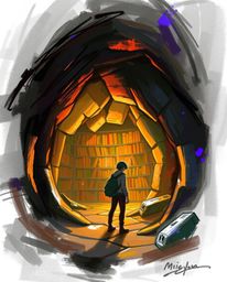 A dynamic digital sketch captures the moment a person discovers a hidden underground library. Loose, painterly strokes and co