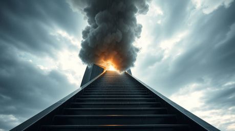 A captivating street photograph captures a modern, futuristic scene featuring a winding stairway of smoke and light rising in