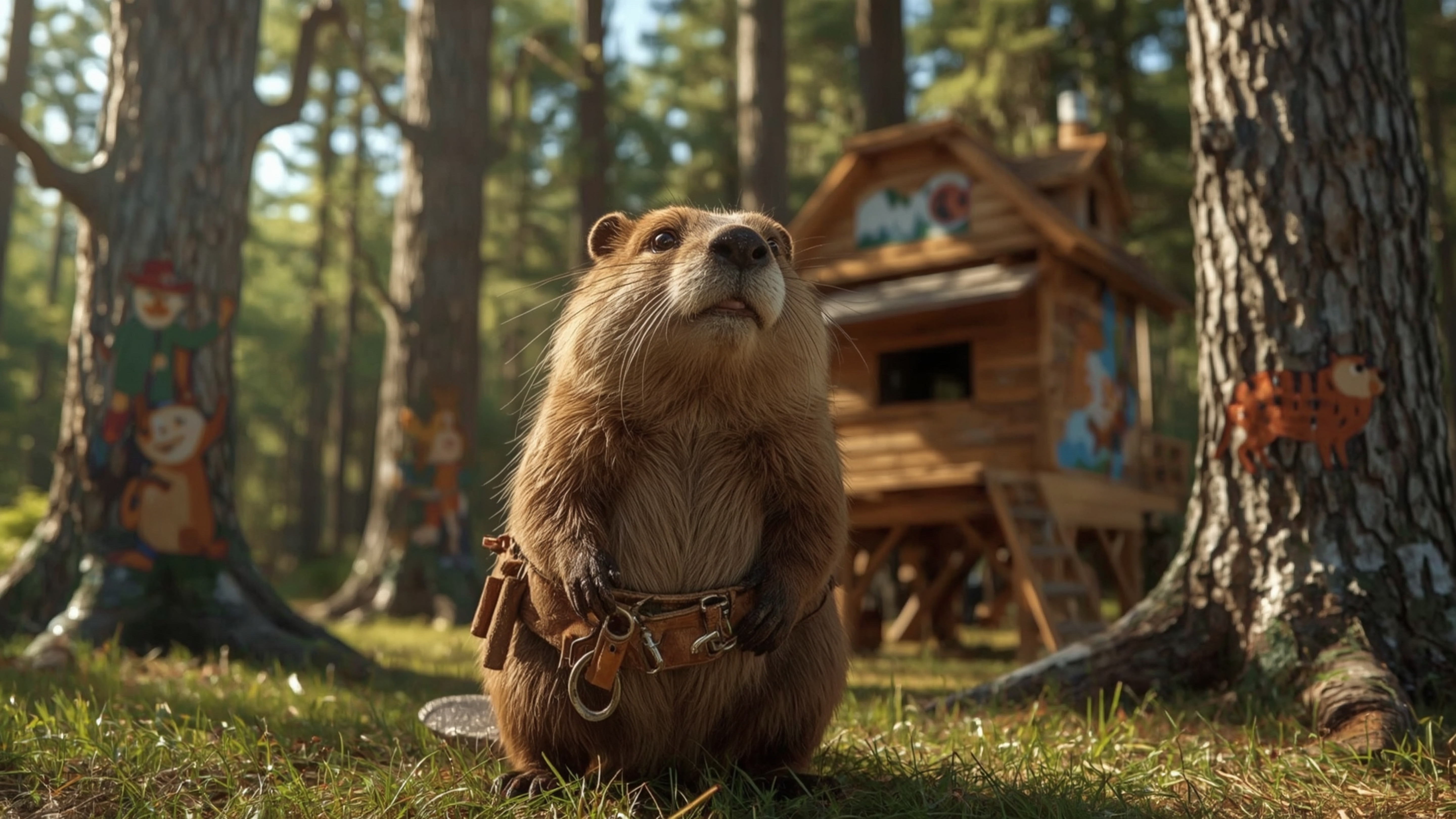 A high-resolution, intricately detailed stock photo shows a busy beaver with warm brown fur and kind eyes, wearing a carpente