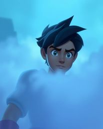 A brave Disney-style hero faces a challenging desert adventure shrouded in thick fog. The low visibility and cool color pale