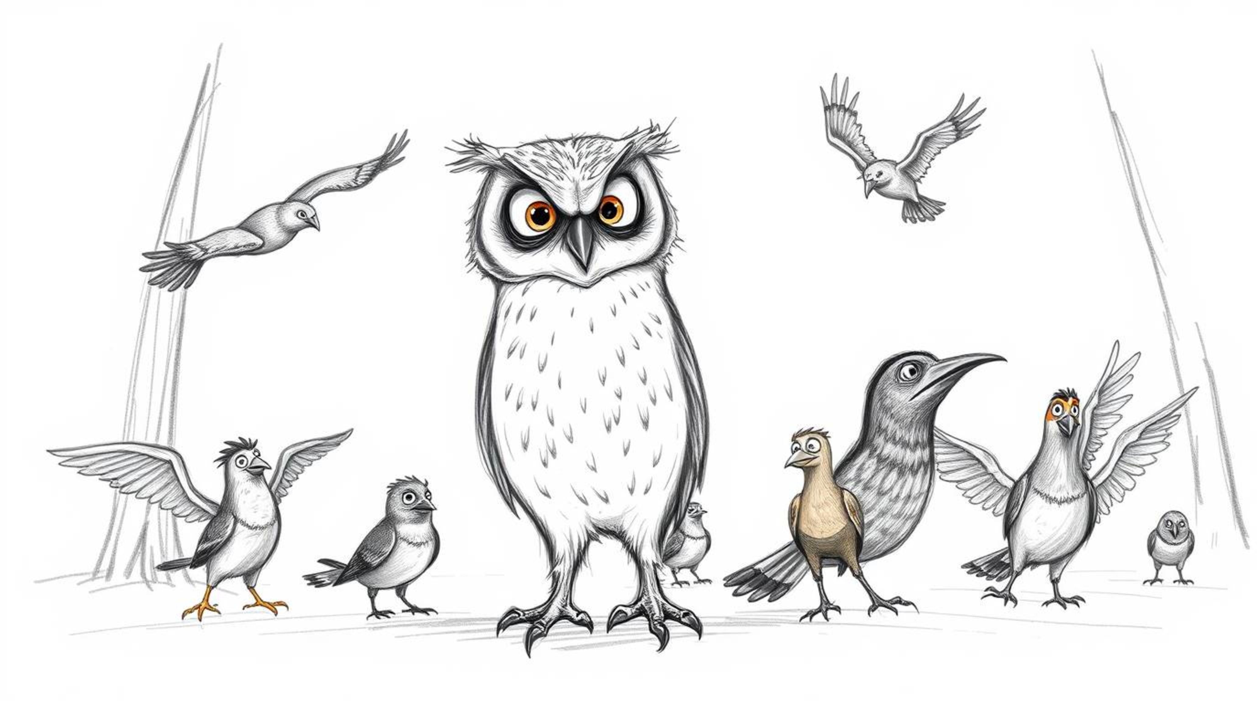 A heartwarming hand-drawn sketch in the style of Pixar depicts a blind owl with expressive eyes patiently teaching a diverse 