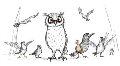 A heartwarming hand-drawn sketch in the style of Pixar depicts a blind owl with expressive eyes patiently teaching a diverse 