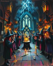 Discover a captivating magical school brimming with young wizards. This painterly artwork features striking chiaroscuro light