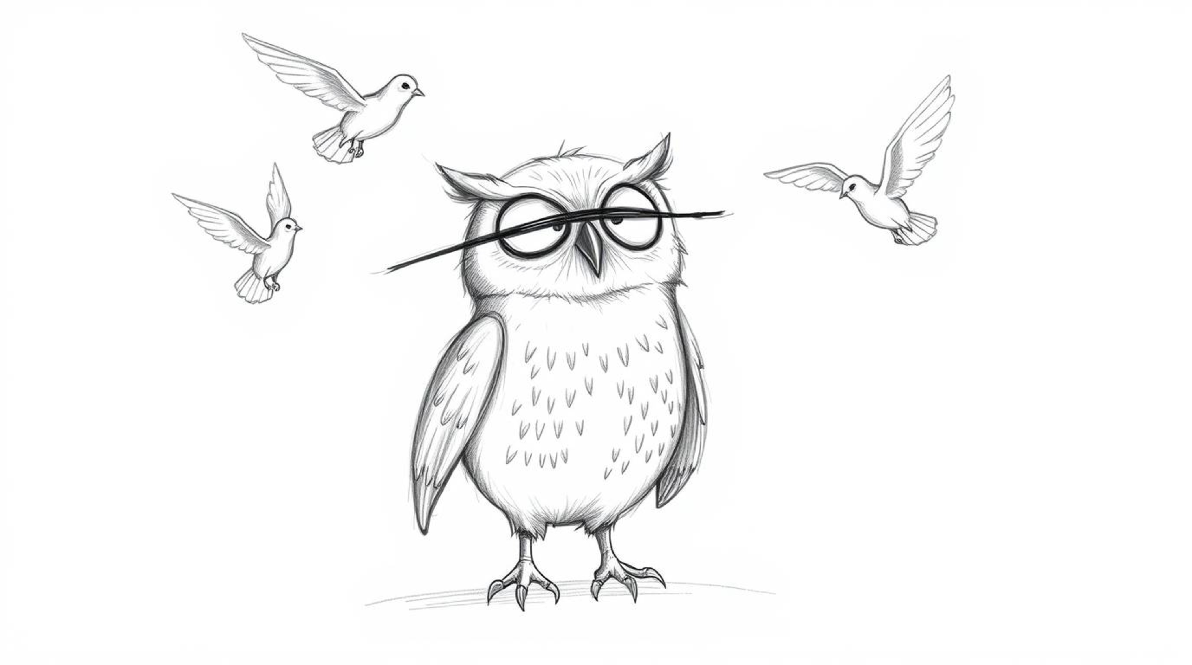 A heartwarming hand-drawn sketch in the style of Pixar depicts a blind owl passionately teaching birds how to fly. Despite it