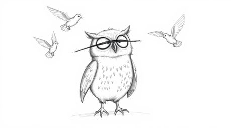 A heartwarming hand-drawn sketch in the style of Pixar depicts a blind owl passionately teaching birds how to fly. Despite it