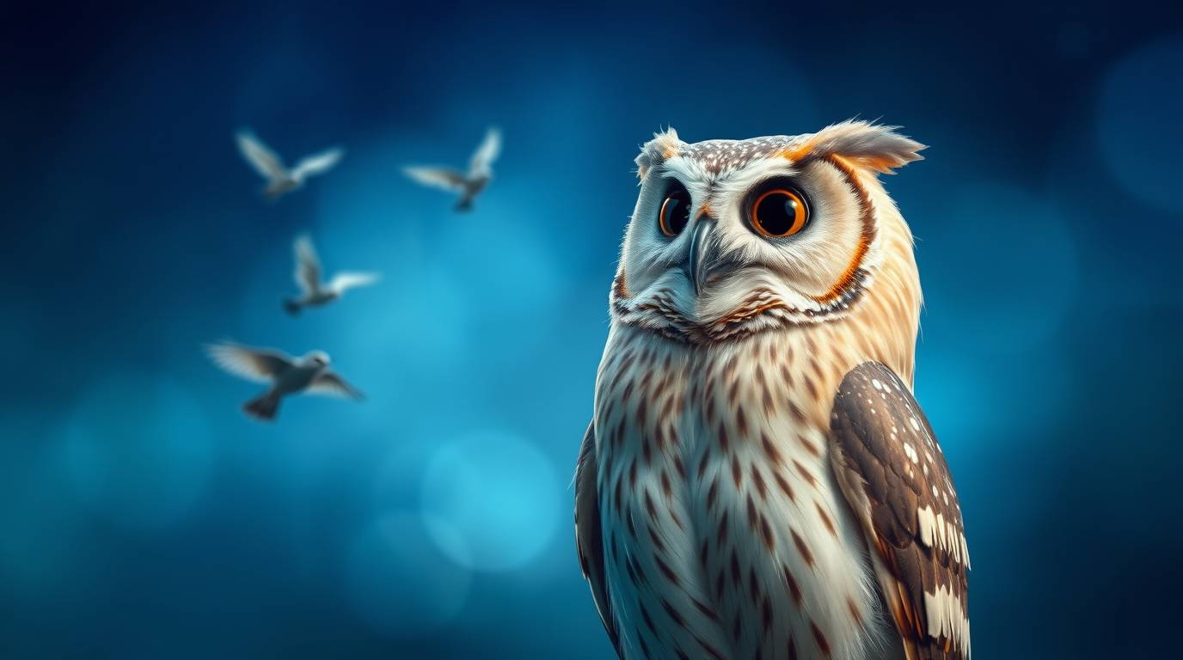 A long exposure photograph captures a wise, blind owl in a Pixar style, featuring soft, expressive features and light brown f