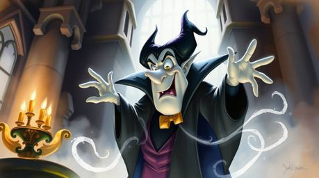 A classic Disney villain is captured in a delicate watercolor rendering, casting a spell within a whimsical old castle. The a
