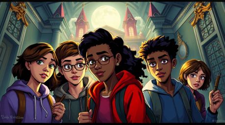 A vibrant digital painting showcasing a group of diverse teenagers, each with unique features and skin tones, deeply engrosse