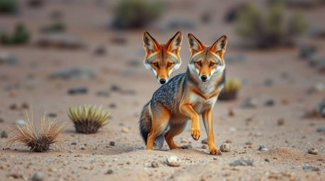A graceful and elegant coyote with refined features attempts a ridiculously elaborate trap in the harsh desert landscape. Ele