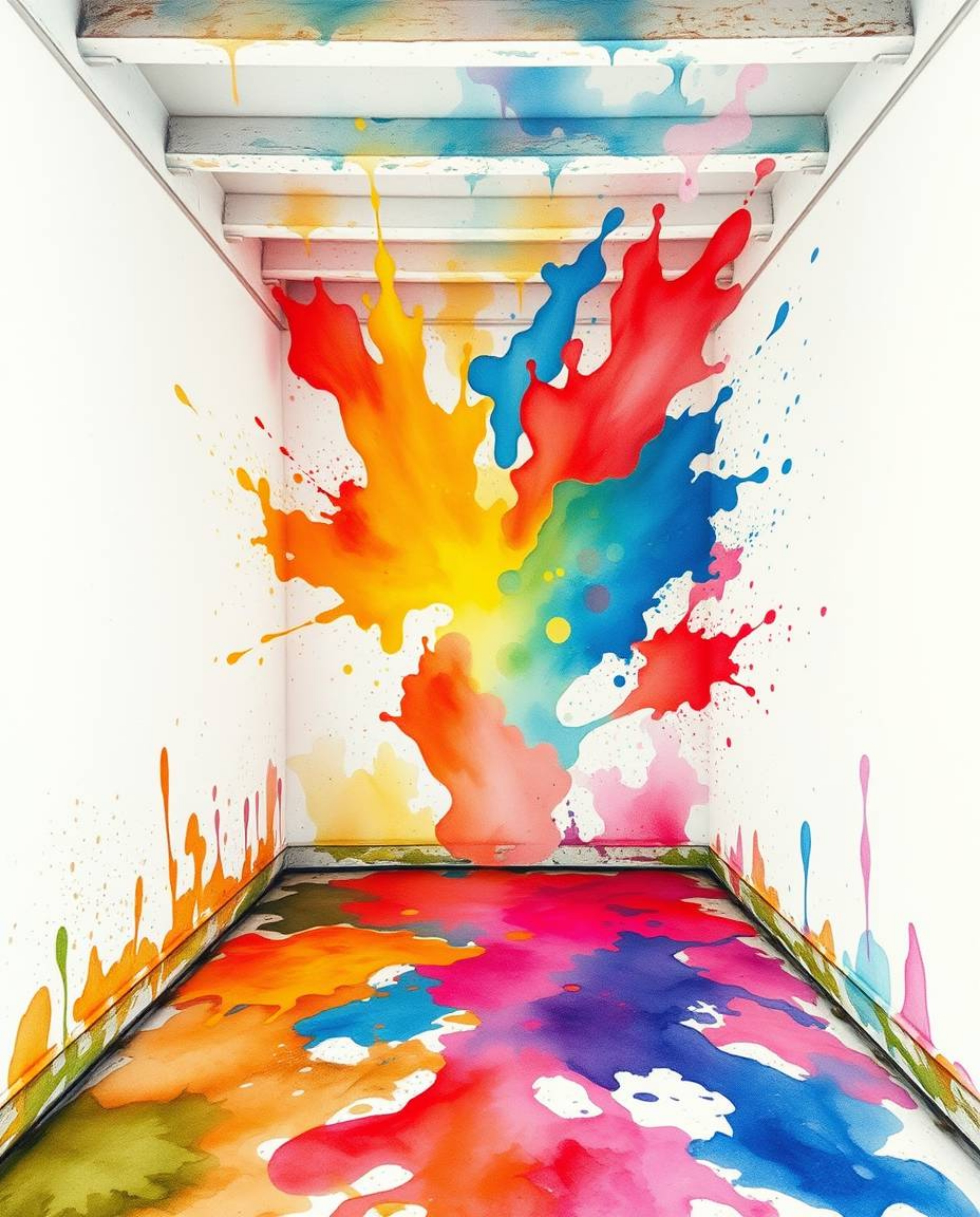 Experience the dynamic chaos of a room exploding with paint, captured in a delicate watercolor painting. Translucent washes a