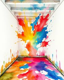 Experience the dynamic chaos of a room exploding with paint, captured in a delicate watercolor painting. Translucent washes a