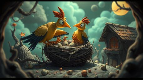 Witness two charming cartoon birds constructing a nest in a dreamlike, surreal landscape.  This classic animation showcases b