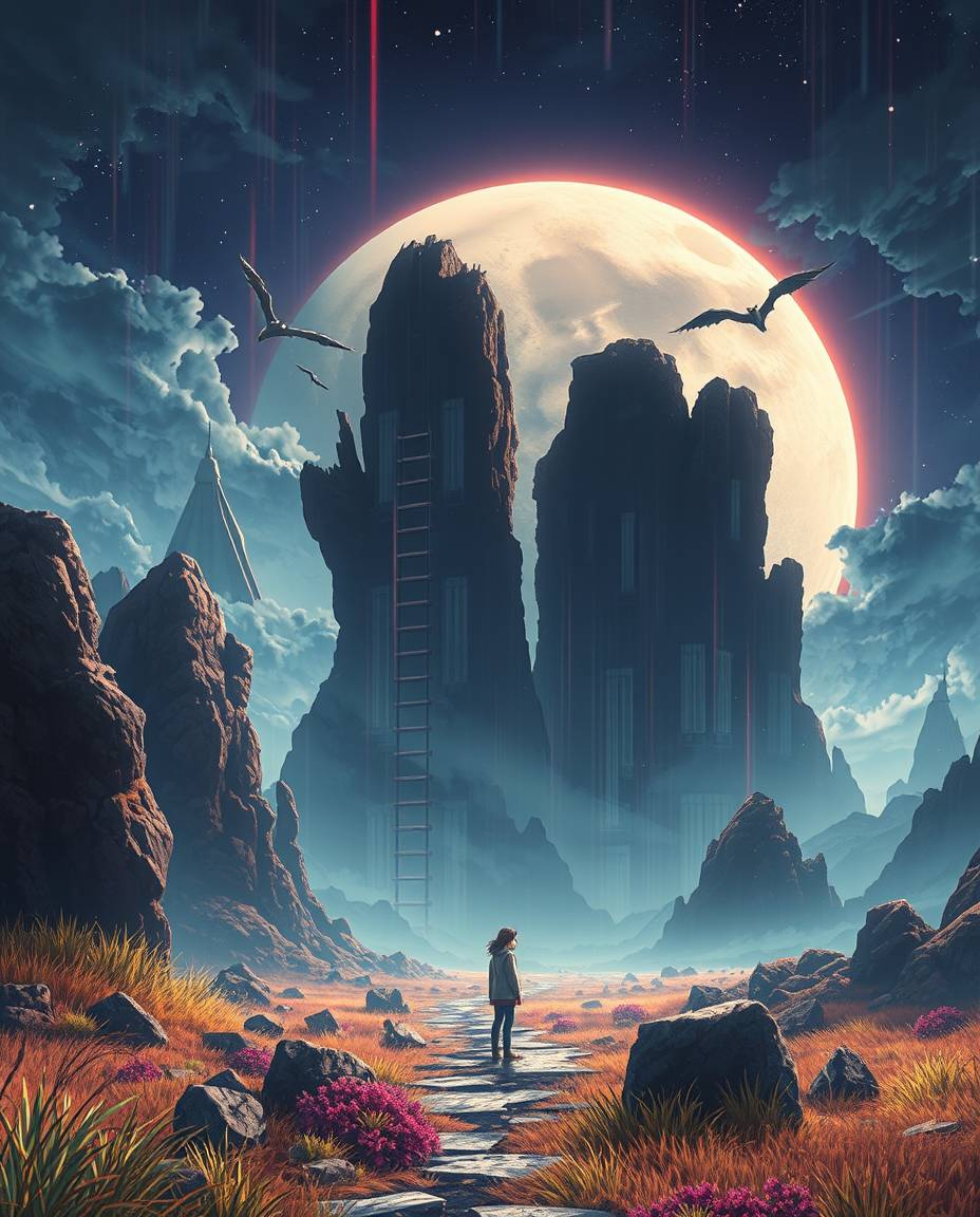 Experience a dramatic, cinematic Isekai anime-style digital glitch landscape breaking apart, rendered with expressive composi