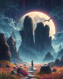 Experience a dramatic, cinematic Isekai anime-style digital glitch landscape breaking apart, rendered with expressive composi