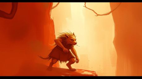 A digital sketch showcasing a trickster character in a soft, dreamy atmosphere filled with warm reds, oranges, and yellows, b