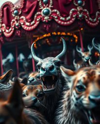 Immerse yourself in a dreamlike carnival overtaken by wild animals, captured in a tight close-up shot featuring rich burgundy