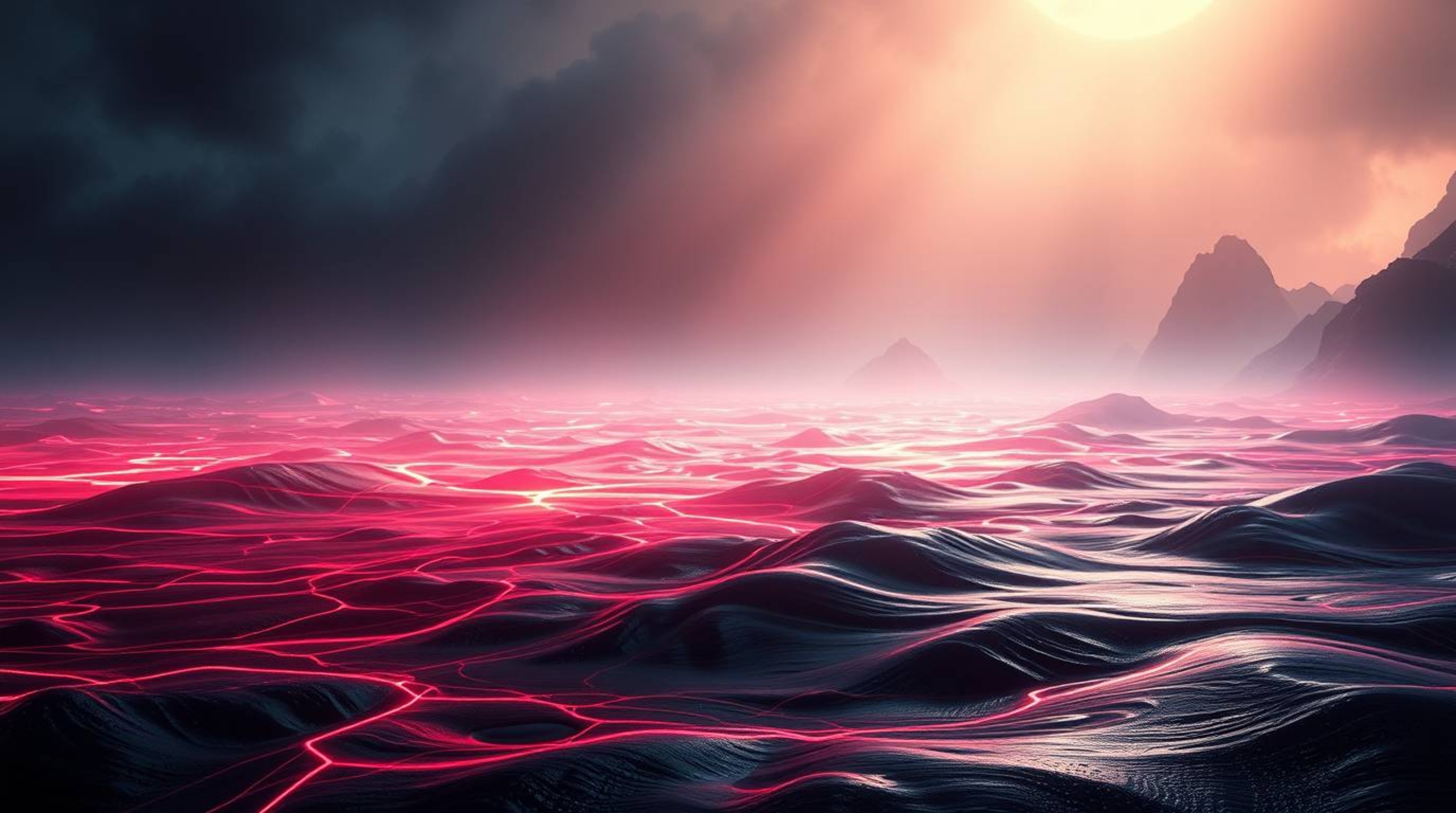 A breathtaking digital artwork showcases a grand epic scene with contrasting chiaroscuro lighting. Neon gradient textures flo