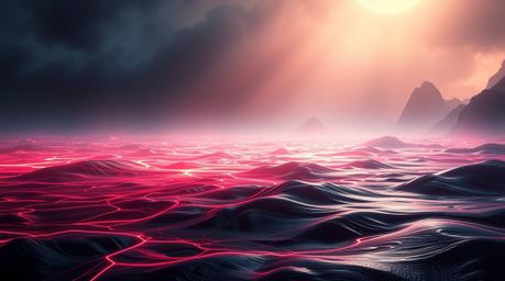 A breathtaking digital artwork showcases a grand epic scene with contrasting chiaroscuro lighting. Neon gradient textures flo