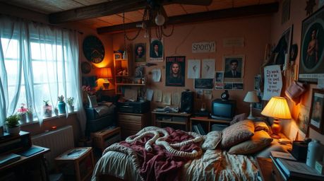 Discover a unique bedroom aesthetic: a messy space filled with quirky gadgets and posters, bathed in warm autumn hues. This e