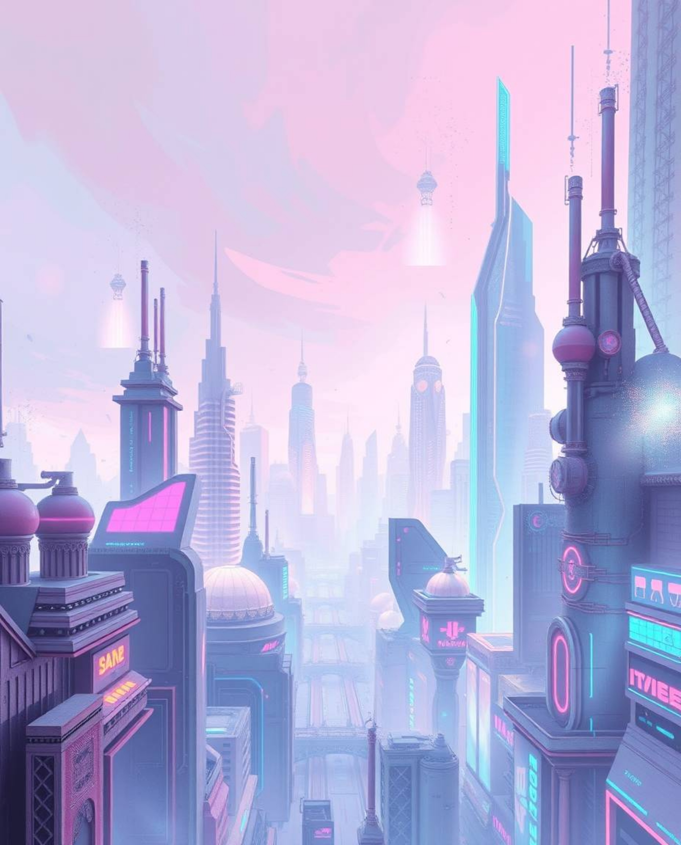 A serene pastel painting depicts a futuristic cyberpunk cityscape, awash in gentle neon splashes.  The artwork features grace