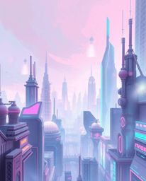 A serene pastel painting depicts a futuristic cyberpunk cityscape, awash in gentle neon splashes.  The artwork features grace