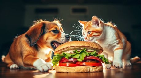 A captivating image showcasing a playful yet slightly chaotic scene: a dog and a cat engaging in a hilarious battle over a gi