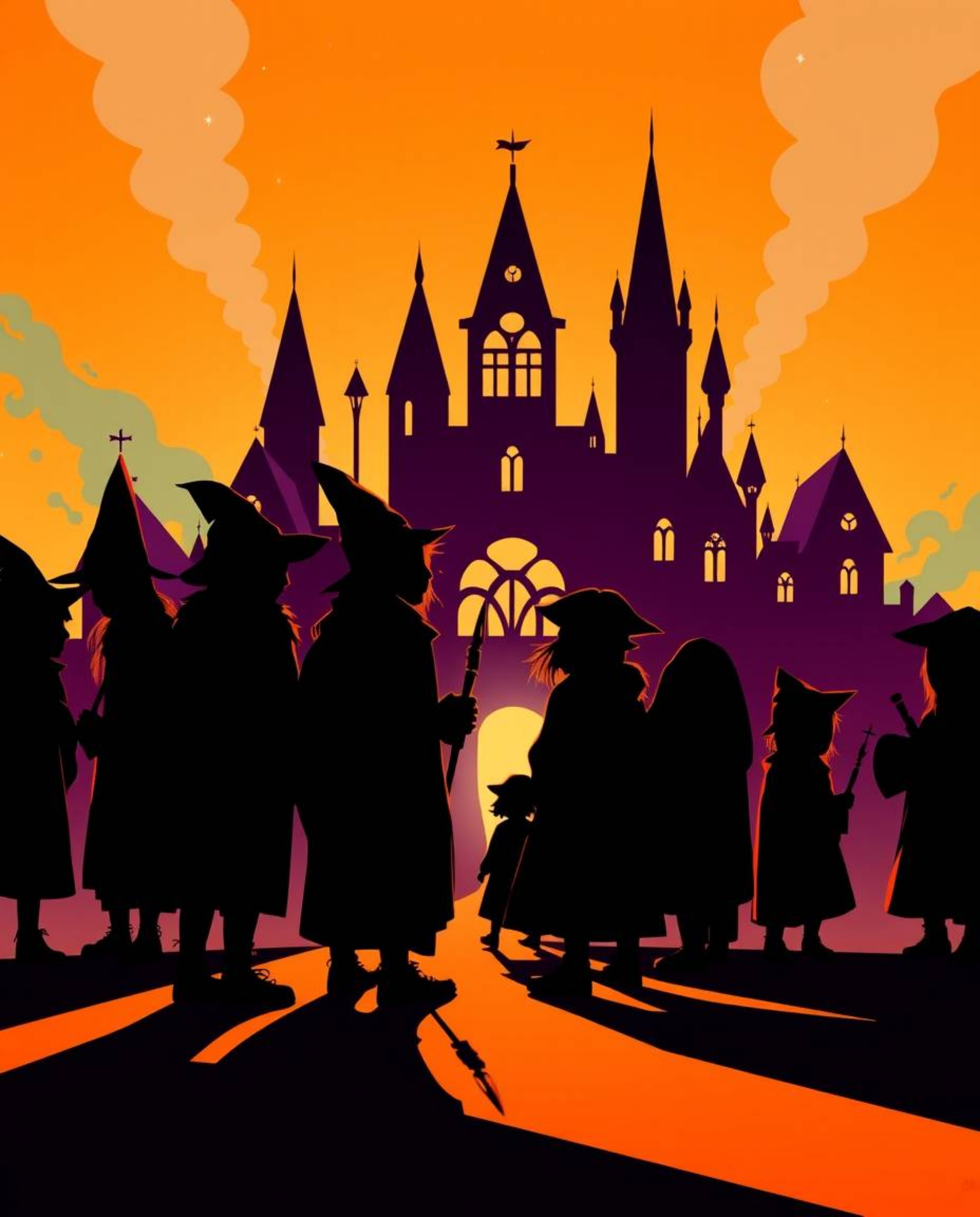 A silhouetted magical school filled with young wizards is presented against a vibrant backdrop, utilizing backlighting and co